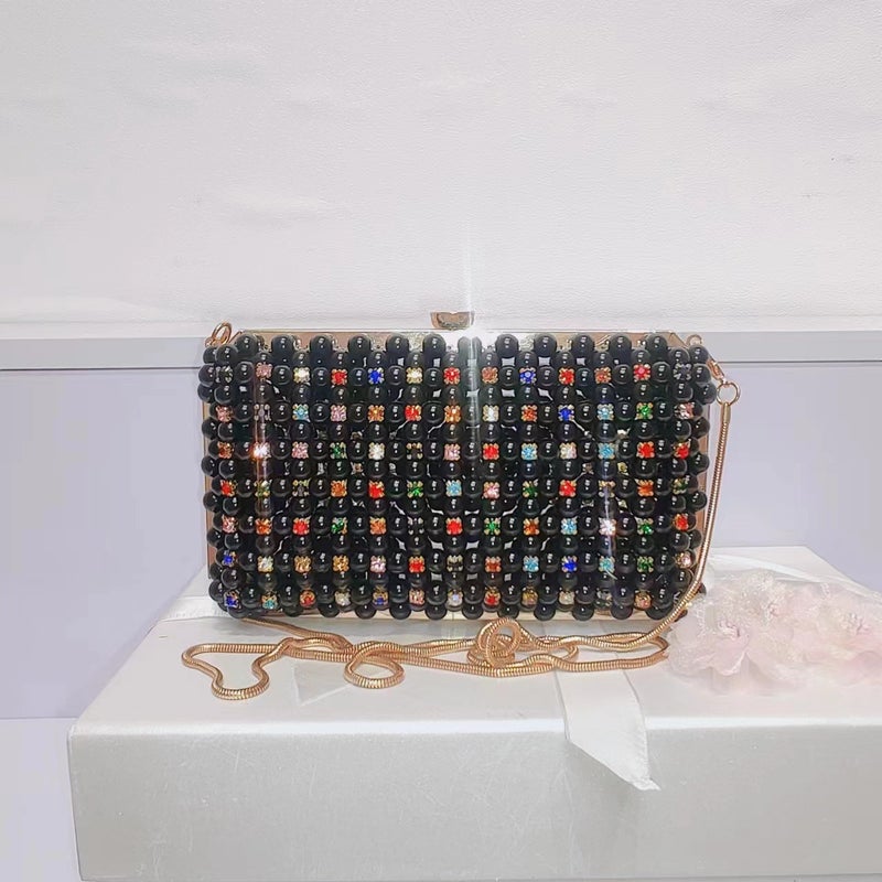 Pure Handmade String Pearl Gem Colored Diamond Sewing Hand-Held Crossbody Women'S Bag Evening Bag High-End Shiny Dress Women'S - Image 1