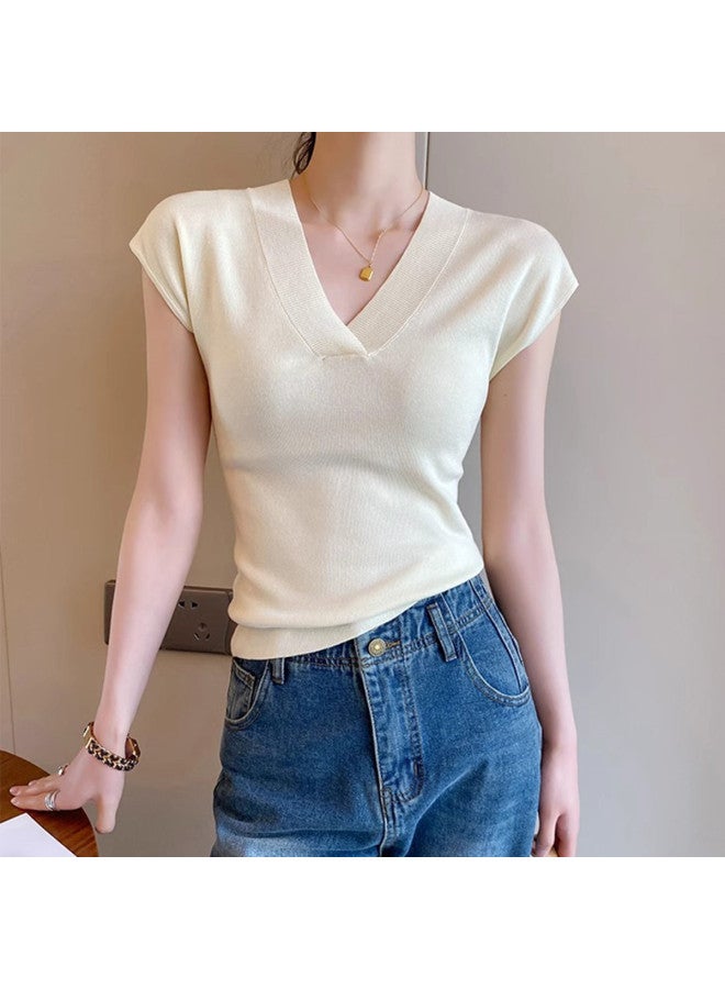 Modal Designer V-Neck Short-Sleeved T-Shirt, Knitted Top For Women, Summer Slim-Fit, Figure-Flattering, Versatile And Wearable As Outerwear - Image 4