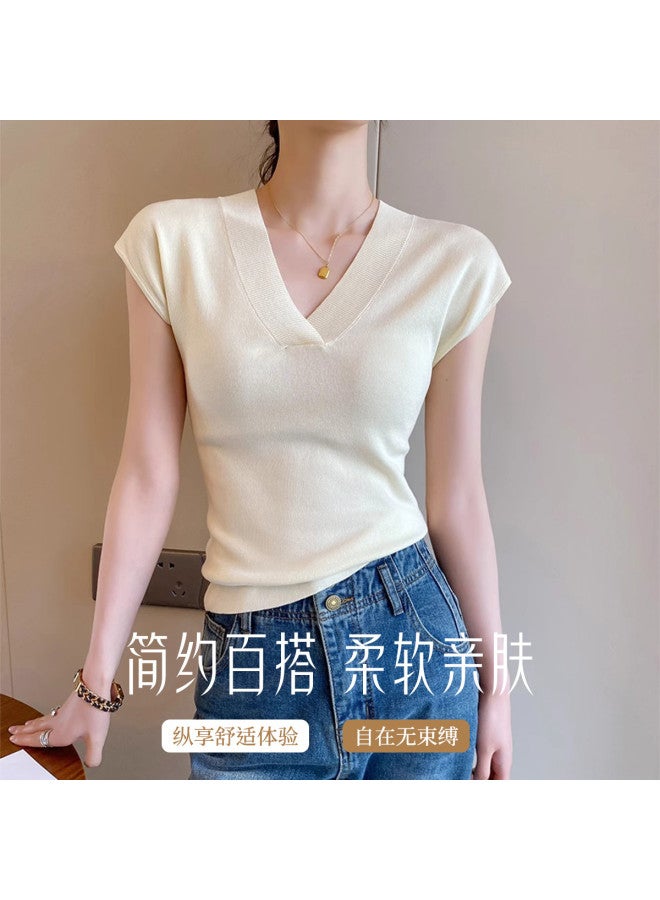 Modal Designer V-Neck Short-Sleeved T-Shirt, Knitted Top For Women, Summer Slim-Fit, Figure-Flattering, Versatile And Wearable As Outerwear - Image 2