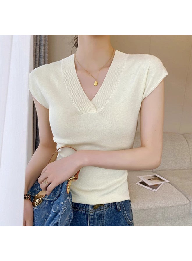 Modal Designer V-Neck Short-Sleeved T-Shirt, Knitted Top For Women, Summer Slim-Fit, Figure-Flattering, Versatile And Wearable As Outerwear - Image 5