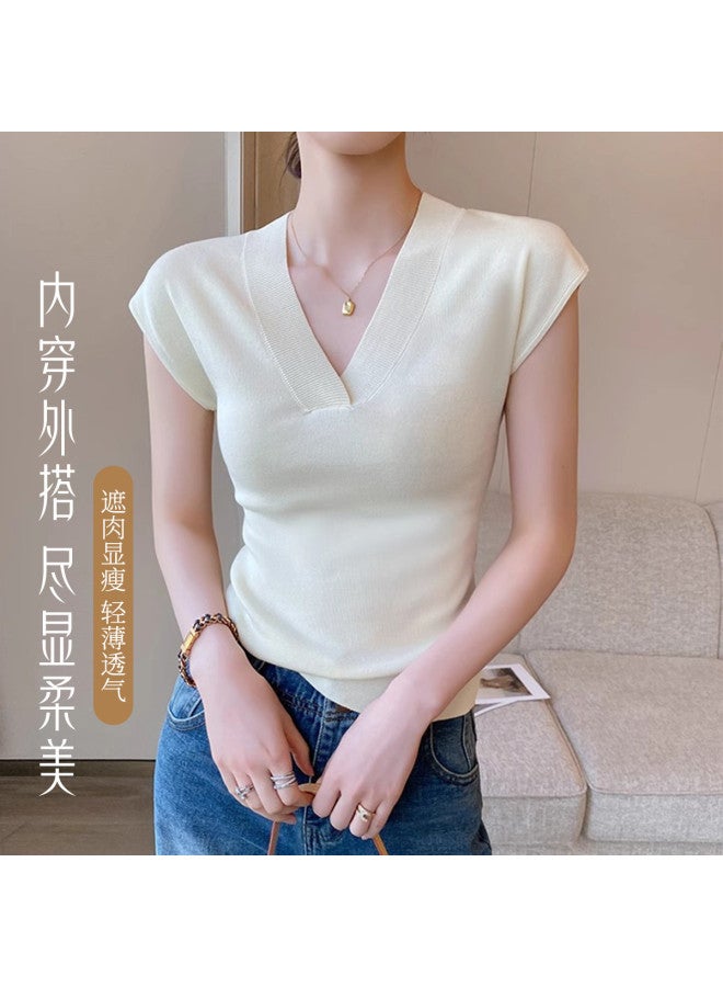 Modal Designer V-Neck Short-Sleeved T-Shirt, Knitted Top For Women, Summer Slim-Fit, Figure-Flattering, Versatile And Wearable As Outerwear - Image 3