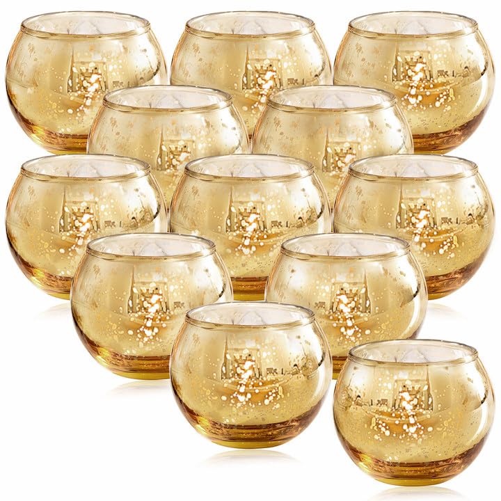 LAMORGIFT 12 Pcs Gold Votive Candle Holders -Gold Mercury Glass Candle Holders, Diwali Decorations for Home, Wedding Centerpieces for Tables, Christmas Tea Light Holders
