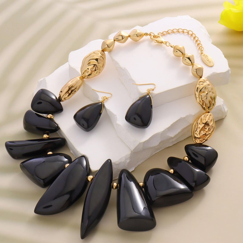 Bocar Statement Chunky Irregular Beaded Collar Necklace Earrings Choker Necklace Set for Women Gift (NK-10760-Black-Set) - Image 4