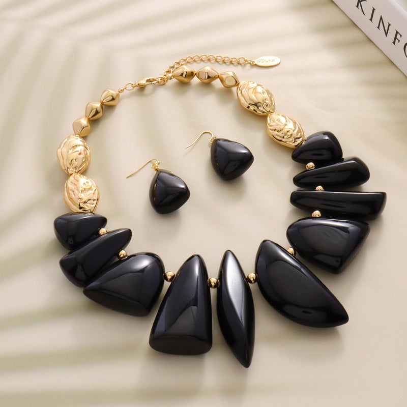 Bocar Statement Chunky Irregular Beaded Collar Necklace Earrings Choker Necklace Set for Women Gift (NK-10760-Black-Set) - Image 3