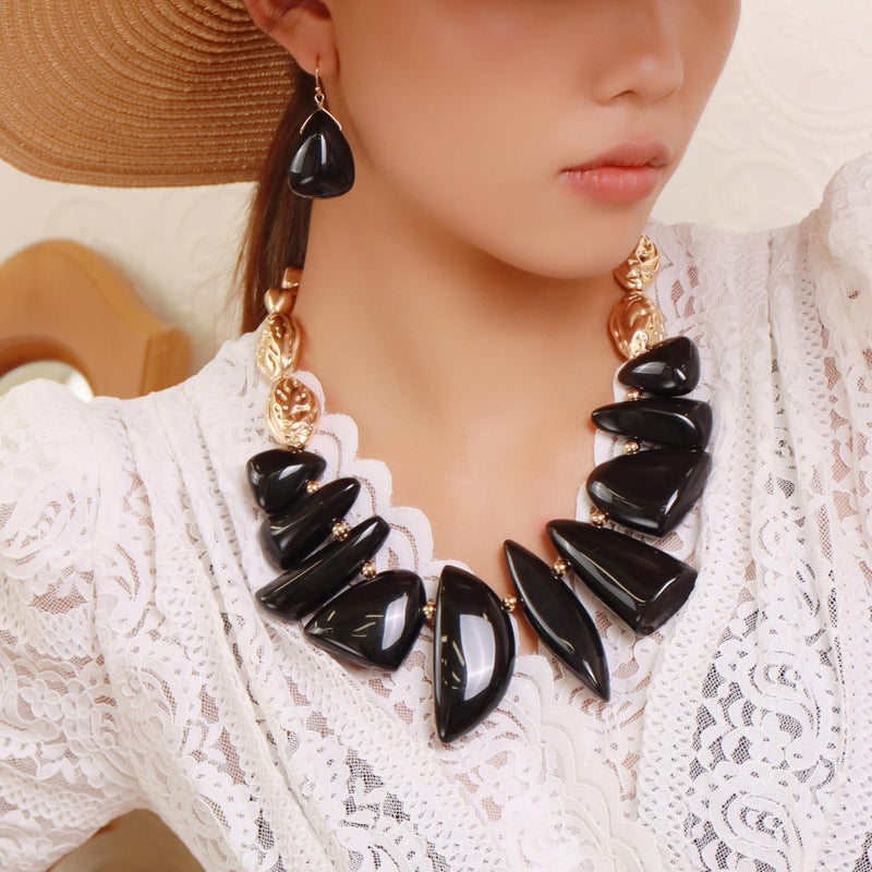 Bocar Statement Chunky Irregular Beaded Collar Necklace Earrings Choker Necklace Set for Women Gift (NK-10760-Black-Set) - Image 2