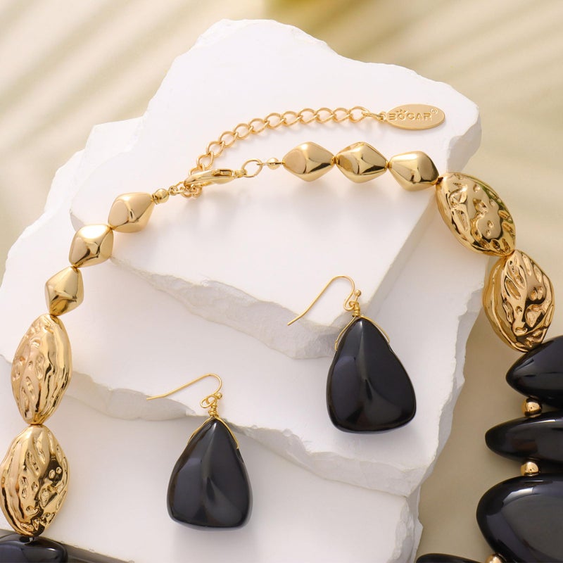 Bocar Statement Chunky Irregular Beaded Collar Necklace Earrings Choker Necklace Set for Women Gift (NK-10760-Black-Set) - Image 5