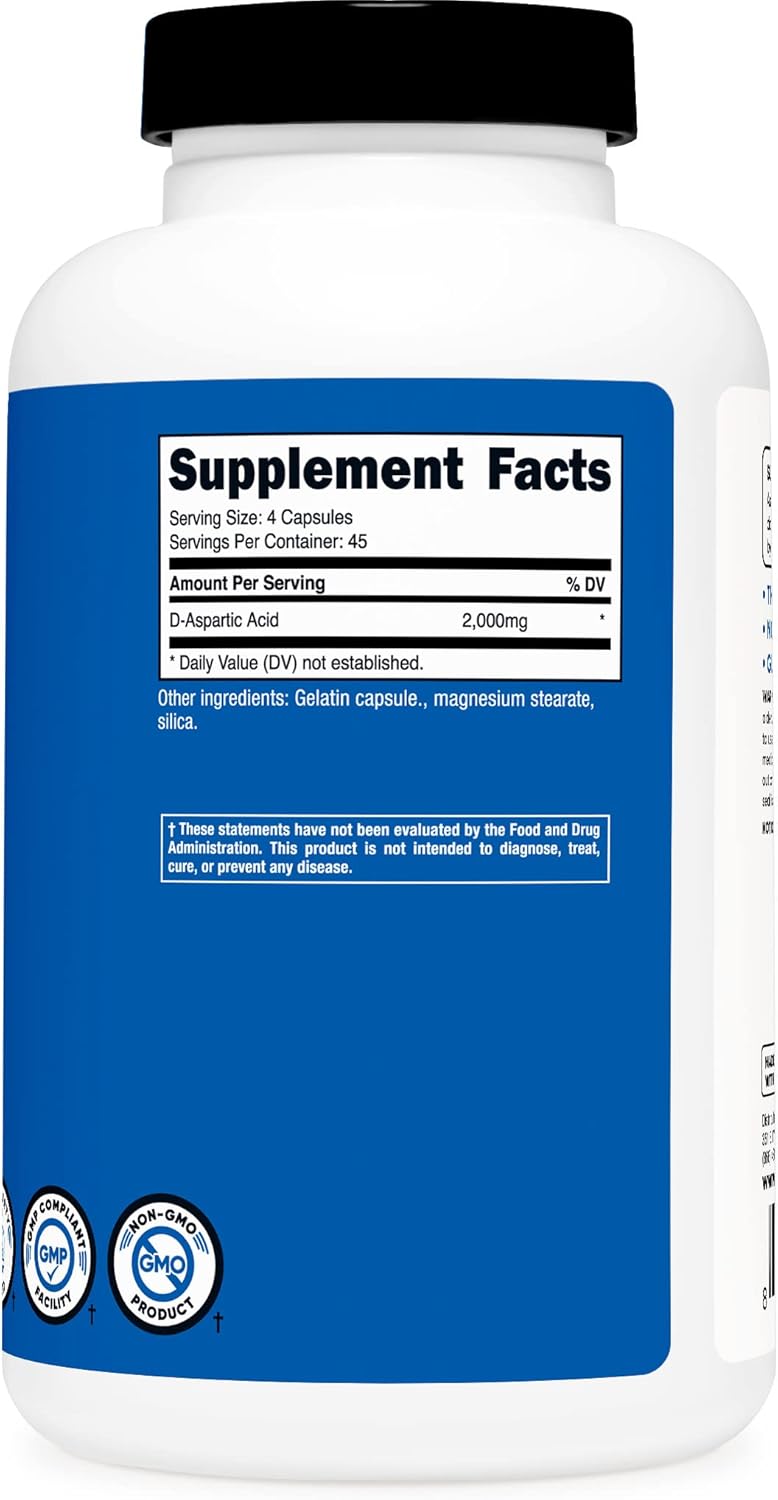 Nutricost DAspartic Acid DAA Capsules 2000mg Per Serving 180 Capsules  NonGMO Supplement - Image 4