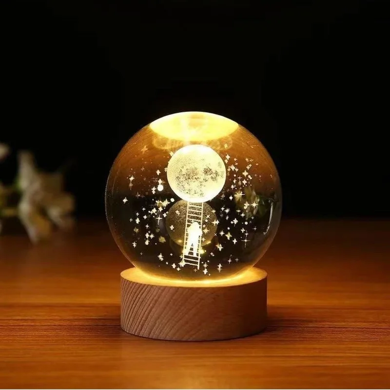 اي سي شوب Ard Decorative Astronaut and Moon Designed Wooden Base Illuminated Glass Globe with Ladder
