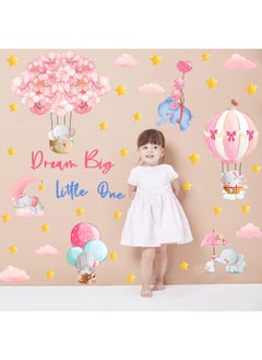 BPA KOKOLAP Dream Big Little One Wall Stickers, Pink Elephant Wall Decals Nursery Decor, Flowers Hot Air Balloon Wall Sticker Baby Girl Room Decor, Cloud Stars Wall Decal for Kids Room Bedroom Playroom Decor  - Image 3