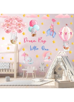 BPA KOKOLAP Dream Big Little One Wall Stickers, Pink Elephant Wall Decals Nursery Decor, Flowers Hot Air Balloon Wall Sticker Baby Girl Room Decor, Cloud Stars Wall Decal for Kids Room Bedroom Playroom Decor  - Image 1