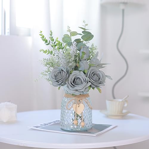 VIERENA Faux Flowers with Vase,Artificial Silk Roses in Vase, Fake Plant Eucalyptus Flower Arrangement for Home Office Farmhouse Bathroom Dining Table Centerpiece Decorations Coffee Table Decor (Grey Blue) - Image 2