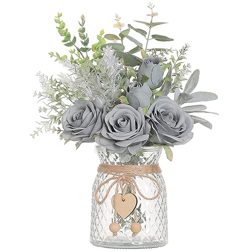 VIERENA Faux Flowers with Vase,Artificial Silk Roses in Vase, Fake Plant Eucalyptus Flower Arrangement for Home Office Farmhouse Bathroom Dining Table Centerpiece Decorations Coffee Table Decor (Grey Blue) - Image 1