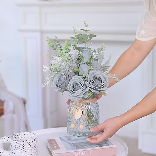 VIERENA Faux Flowers with Vase,Artificial Silk Roses in Vase, Fake Plant Eucalyptus Flower Arrangement for Home Office Farmhouse Bathroom Dining Table Centerpiece Decorations Coffee Table Decor (Grey Blue) - Image 5
