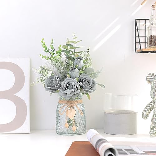 VIERENA Faux Flowers with Vase,Artificial Silk Roses in Vase, Fake Plant Eucalyptus Flower Arrangement for Home Office Farmhouse Bathroom Dining Table Centerpiece Decorations Coffee Table Decor (Grey Blue) - Image 3