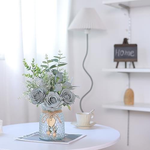 VIERENA Faux Flowers with Vase,Artificial Silk Roses in Vase, Fake Plant Eucalyptus Flower Arrangement for Home Office Farmhouse Bathroom Dining Table Centerpiece Decorations Coffee Table Decor (Grey Blue) - Image 4