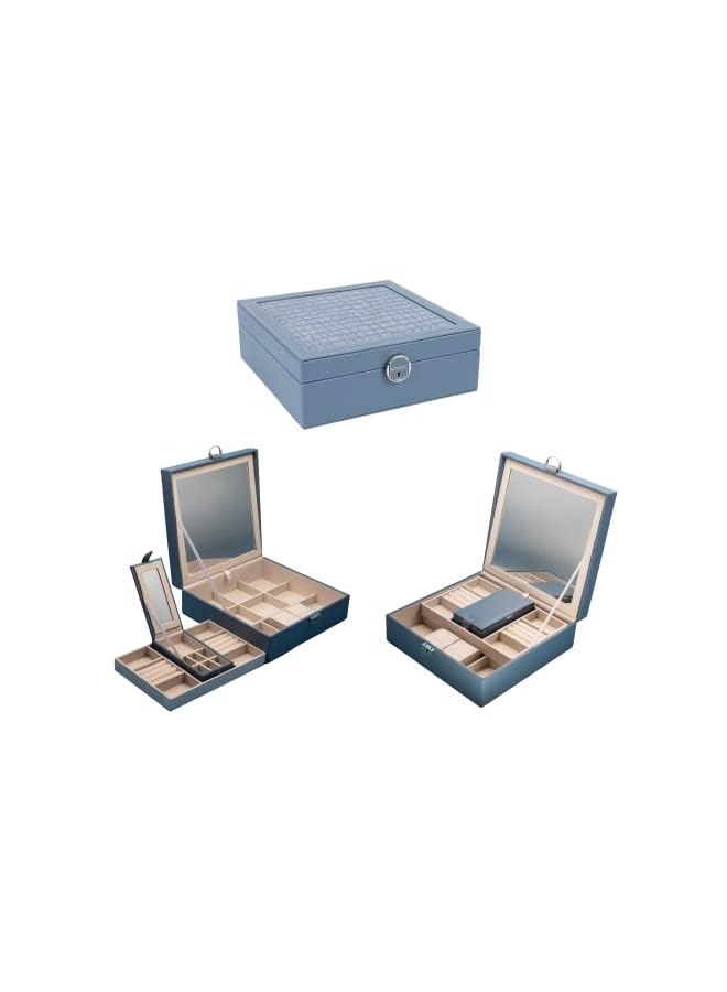 IAF and Secure Jewelry Storage: Premium PU Leather Jewelry Organizer Box with High-Definition Mirror, Removable Extra Storage, Velvet Lining and Safety Lock (Light Blue) - Image 2