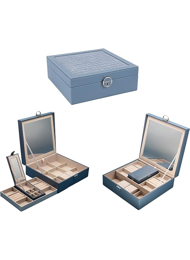 IAF and Secure Jewelry Storage: Premium PU Leather Jewelry Organizer Box with High-Definition Mirror, Removable Extra Storage, Velvet Lining and Safety Lock (Light Blue) - Image 1