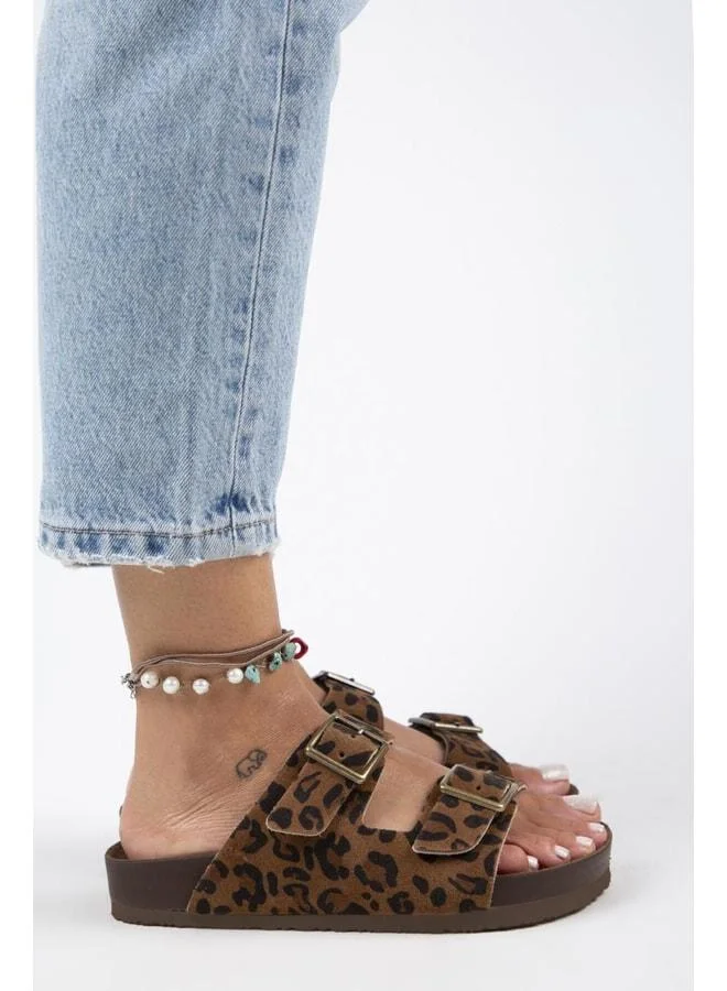 Anlelic Leopard Women's Genuine Leather Double Buckle Tan Slippers - Brown