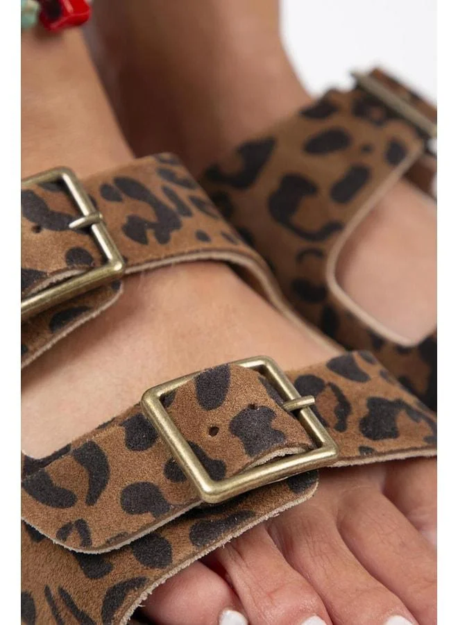 Manijero  Anlelic Leopard Women's Genuine Leather Double Buckle Tan Slippers - Brown for Women | Best Price UAE