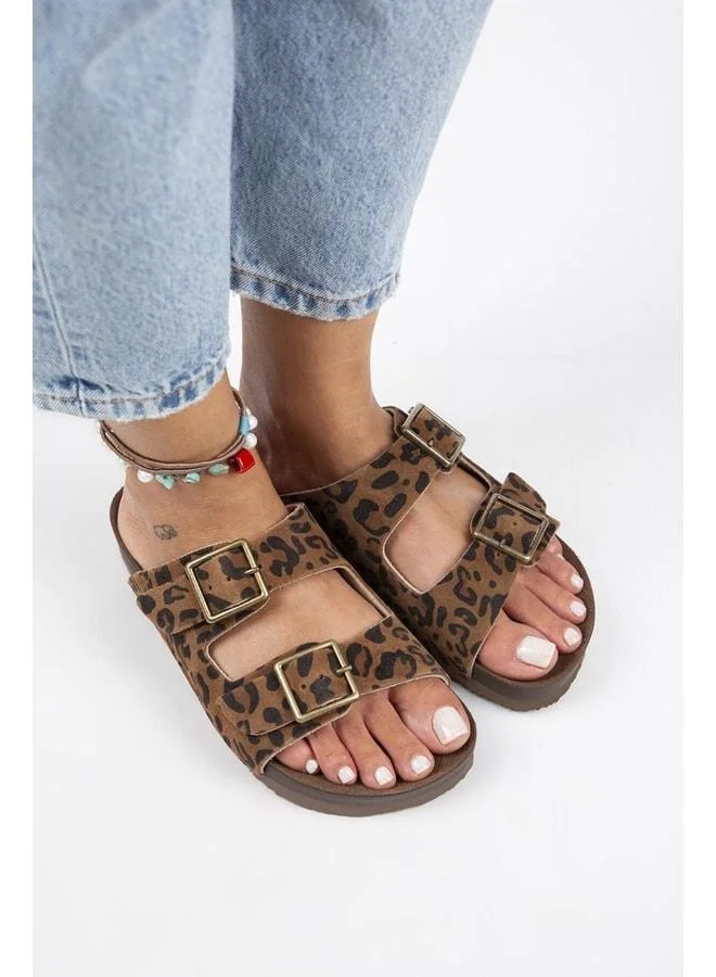 Manijero  Anlelic Leopard Women's Genuine Leather Double Buckle Tan Slippers - Brown for Women | Best Price UAE