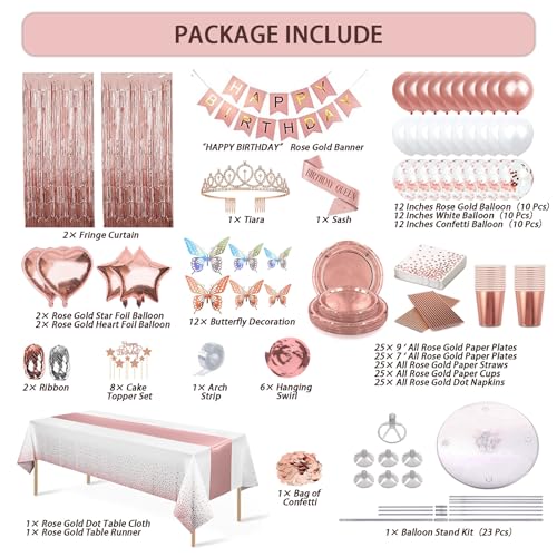 UJoyant 236 Pcs Birthday Decorations For Women, Rose Gold Party Decorations Kit For Girls Or Women - Butterfly, Hanging Swirl, Balloon Stand, Sash, Tiara, Banner, Balloon, Tableware For 25 Guest - Image 2