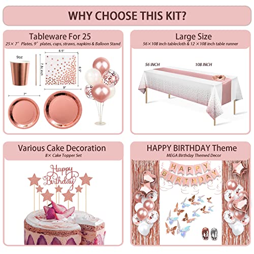 UJoyant 236 Pcs Birthday Decorations For Women, Rose Gold Party Decorations Kit For Girls Or Women - Butterfly, Hanging Swirl, Balloon Stand, Sash, Tiara, Banner, Balloon, Tableware For 25 Guest - Image 5