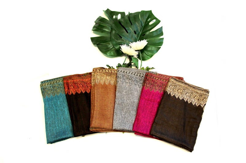 Sakkas Border Pattern Layered Reversible Woven Pashmina Shawl Scarf Wrap Stole - Gray - Image 5