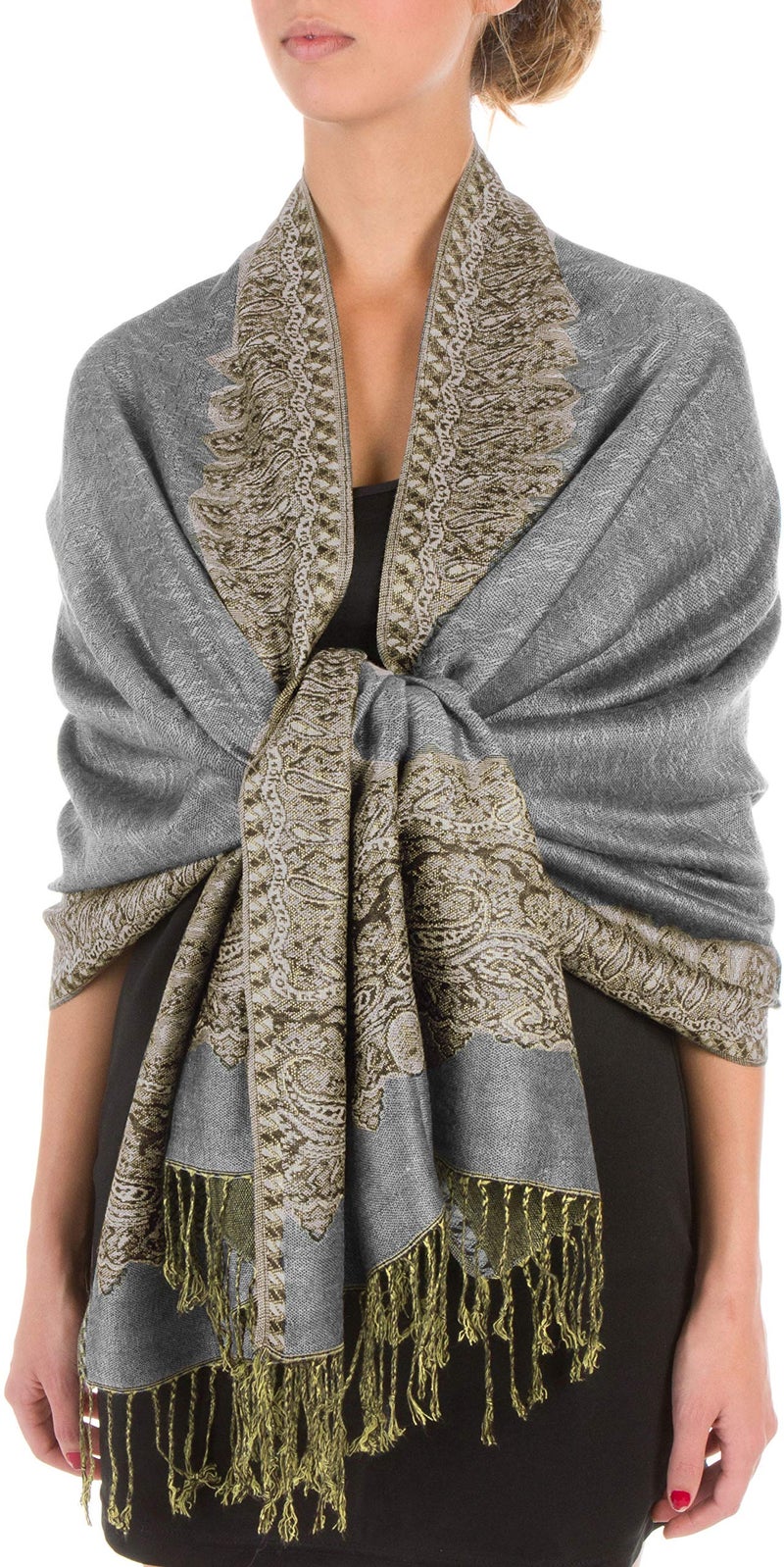 Sakkas Border Pattern Layered Reversible Woven Pashmina Shawl Scarf Wrap Stole - Gray - Image 1