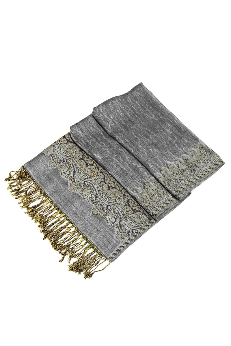 Sakkas Border Pattern Layered Reversible Woven Pashmina Shawl Scarf Wrap Stole - Gray - Image 1