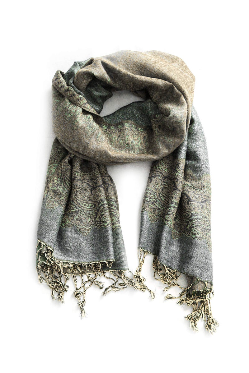 Sakkas Border Pattern Layered Reversible Woven Pashmina Shawl Scarf Wrap Stole - Gray - Image 2