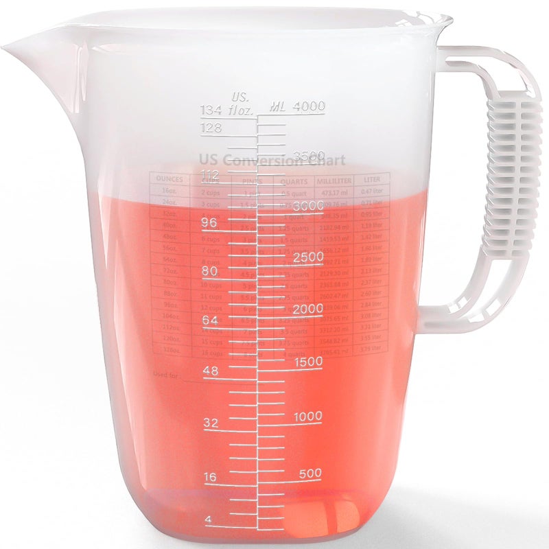 Luvan 1 Gallon Measuring Pitcher 134oz Extra Large Measure PitcherConvenient Conversion ChartStrong Handle Heat Resistant Plastic 1 Gallon Measuring Container for Pool ChemicalsMotor Oil Lawn and Cook