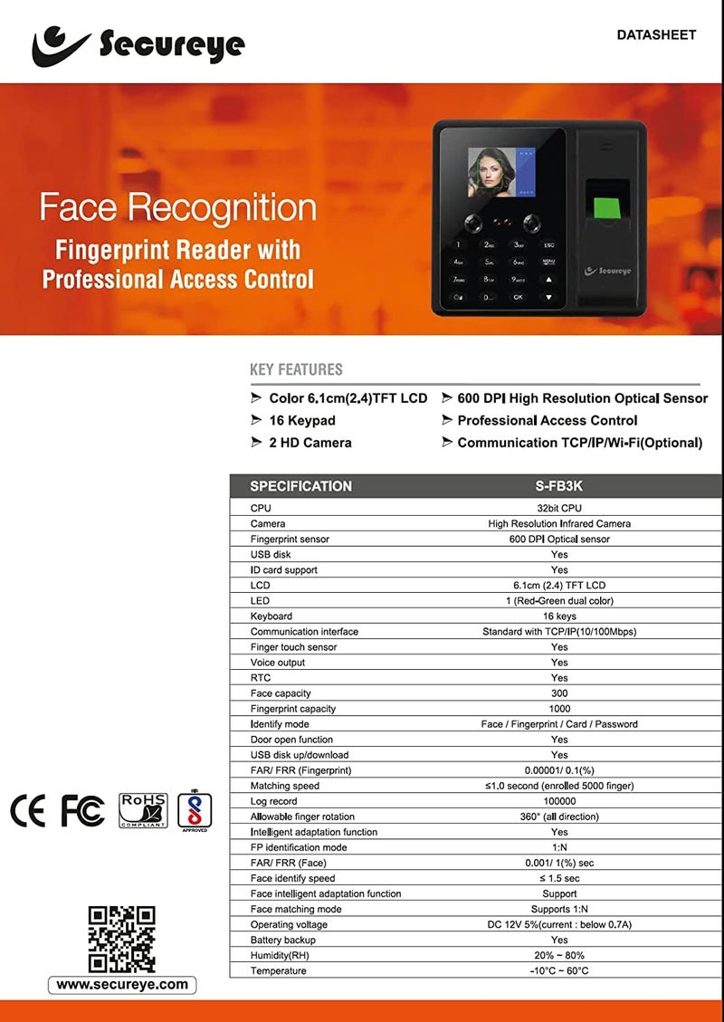 NAVKAR SYSTEMS SECUREYE SFB3K Time Attendance Face Fingerprint Password Machine
