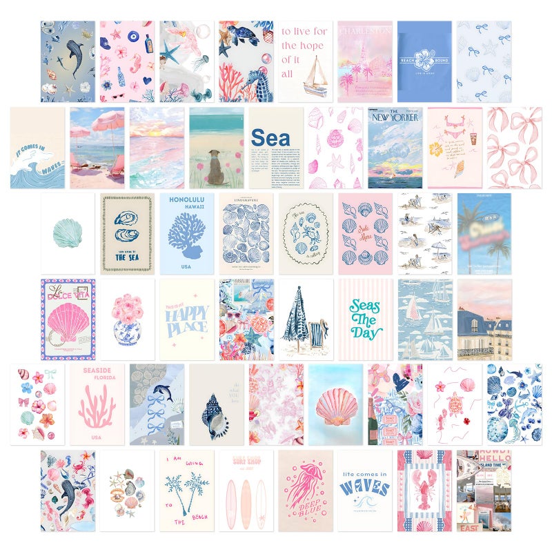 KBKBART Coastal Granddaughter Room Decor, Pink and Blue Wall Collage Kits, 50 Pcs 4x6 Inch Beachy Aesthetic Wall Art Prints Posters, Coastal Cowgirl Room Dorm Wall Decor for Teen Girls - Image 1