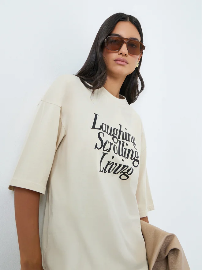 Styli Beige Slogan Print Oversized Cotton T-Shirt