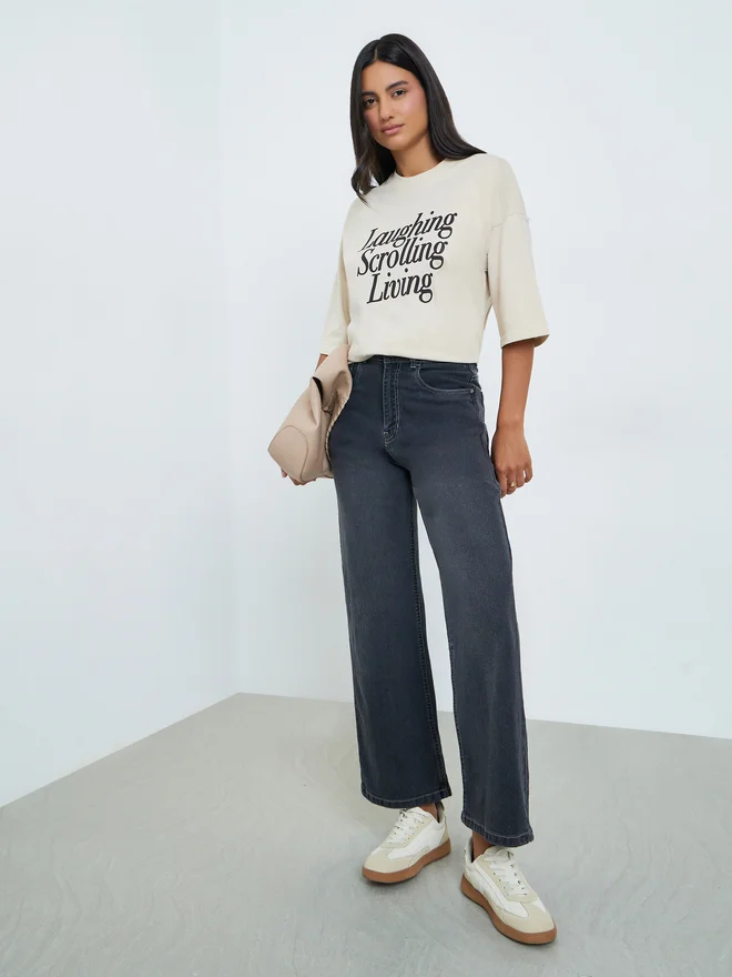 Styli Beige Slogan Print Oversized Cotton T-Shirt