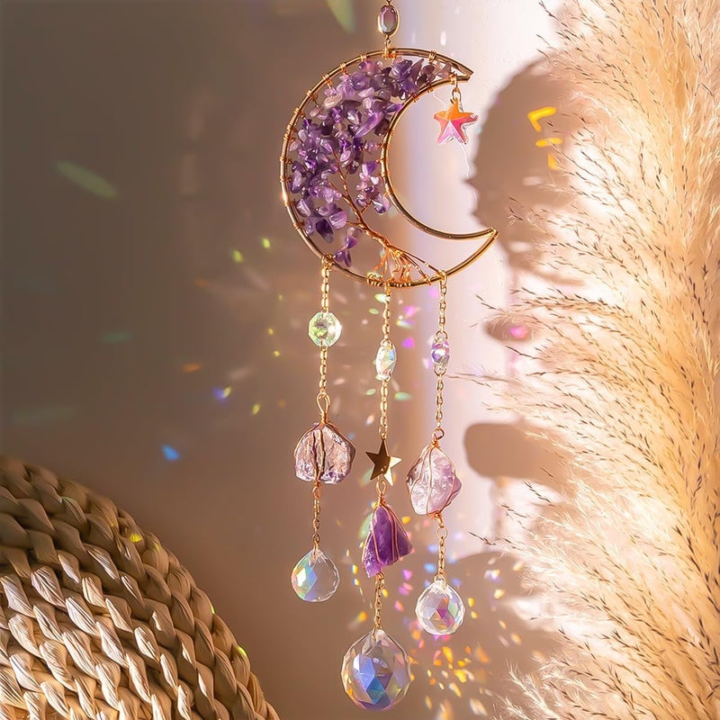 MplehDa Suncatcher Crystal Wind Chime, Hanging Wind Chime Rainbow Moon Pendant Crystals, Window Decoration, Hanging, Crystal Suncatcher Prism Light Catcher Suncatcher for Garden, Home, Office - Image 5