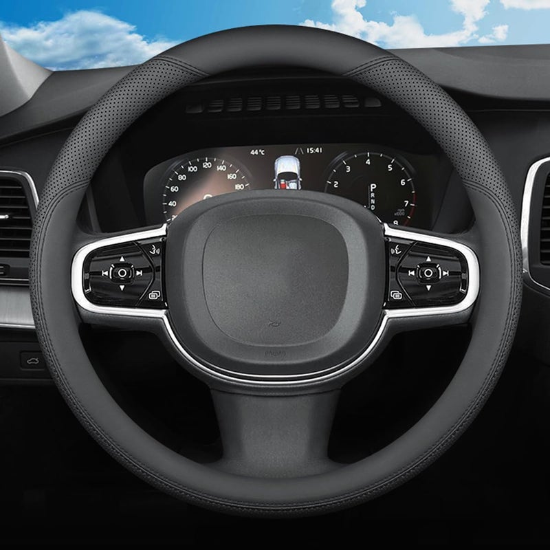 SZYUCHEN Steering Wheel Covers for Jeep Wrangler JK JL Gladiator Renegade Grand CherokeeCherokee Compass Patriot 4XE Rubicon JKU Mojave X Sport S TJ Car Accessories 2025 Black Leather 14515 inch