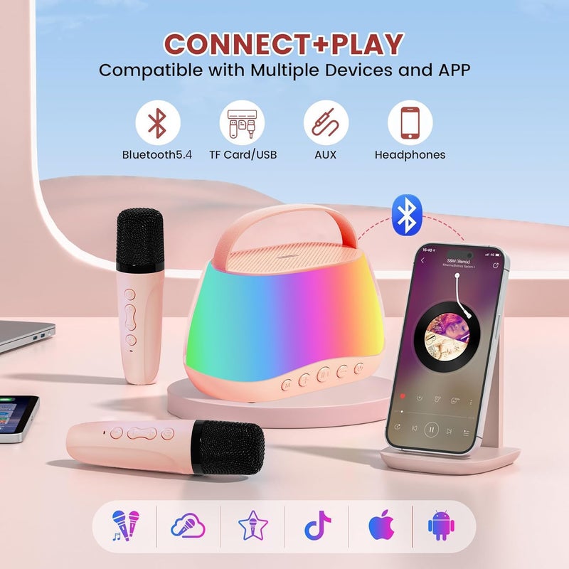 AccLoo Mini Karaoke Machine for Kids with 2 Wireless Microphones, Portable Bluetooth Speaker with LED Lights & Fun Voice Effects, Music Toy Gift for Boys and Girls Ages 3-12, Home Party Entertainment - Image 3