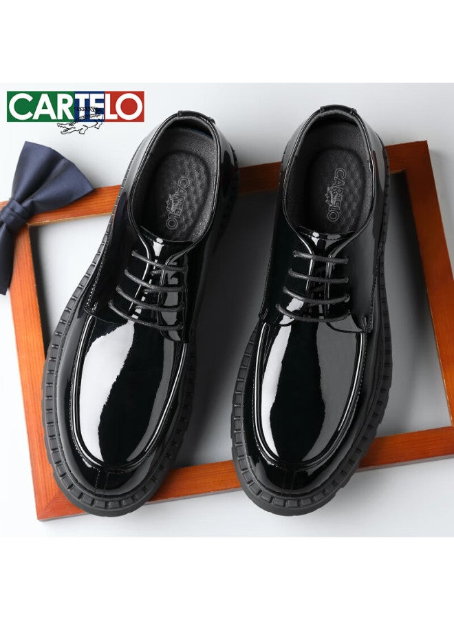 Cartelo British Men's Leather Shoes, Breathable Thick-soled Heightening Men's Shoes, Glossy Business Casual Cowhide Shoes For Men, 9828 Black, Size 38 - Image 1