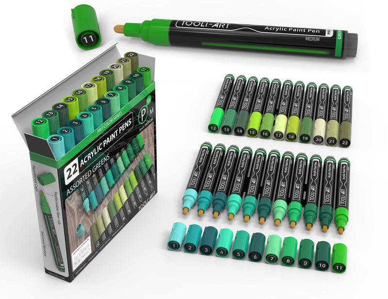 TOOLI-ART 22 Acrylic Paint Markers Paint Pens Pro Color Series Set 3mm Medium Tip for Rock Painting, Glass, Mugs, Wood, Metal, Glass Paint, Canvas, DIY. Non Toxic, Waterbased, Quick Drying (GREENS) - Image 1