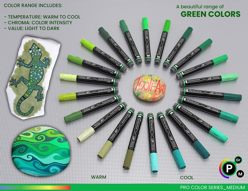 TOOLI-ART 22 Acrylic Paint Markers Paint Pens Pro Color Series Set 3mm Medium Tip for Rock Painting, Glass, Mugs, Wood, Metal, Glass Paint, Canvas, DIY. Non Toxic, Waterbased, Quick Drying (GREENS) - Image 4
