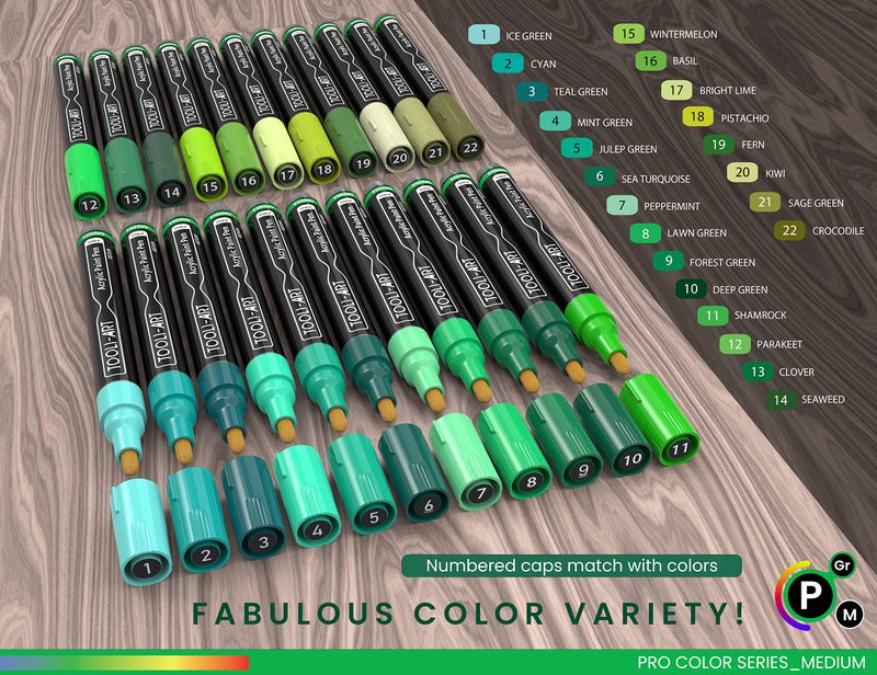TOOLI-ART 22 Acrylic Paint Markers Paint Pens Pro Color Series Set 3mm Medium Tip for Rock Painting, Glass, Mugs, Wood, Metal, Glass Paint, Canvas, DIY. Non Toxic, Waterbased, Quick Drying (GREENS) - Image 5