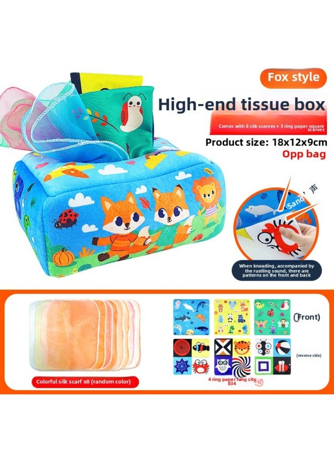 0-3 Years Old Baby Early Education Cloth Book Cartoon Geometric Figure Cloth Ball Cotton Ball Toy-Color:Fabric Tissue Box-fox (3 Square Paper Scarves + 8 Edged Silk Scarves)  - Image 1