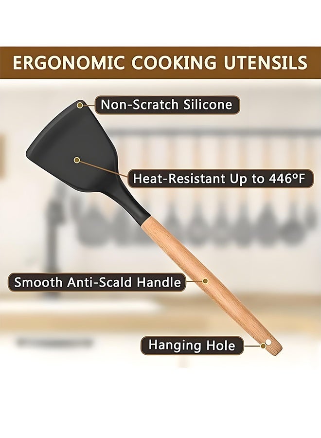 Wish Plus 14 Pcs Silicone Cooking Utensils Kitchen Utensil Set - 446°F Heat Resistant,Wooden Handle, BPA Free Non-Scratch Non-Stick | Turner Tongs, Spatula, Spoon, Brush, Whisk, Wooden Handle Gray Kitchen Gadgets with Holder for Nonstick Cookware - Image 2