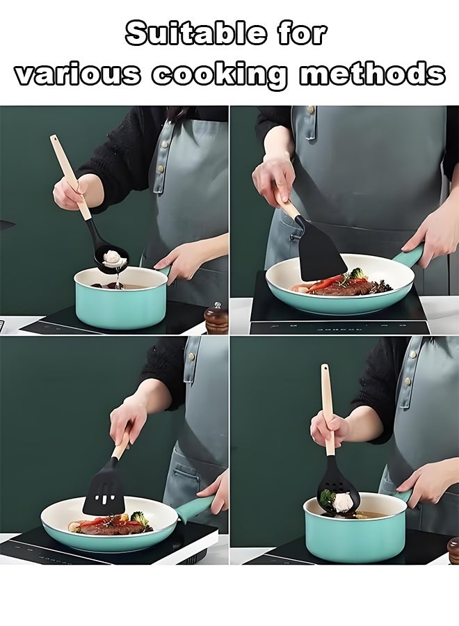 Wish Plus 14 Pcs Silicone Cooking Utensils Kitchen Utensil Set - 446°F Heat Resistant,Wooden Handle, BPA Free Non-Scratch Non-Stick | Turner Tongs, Spatula, Spoon, Brush, Whisk, Wooden Handle Gray Kitchen Gadgets with Holder for Nonstick Cookware - Image 3