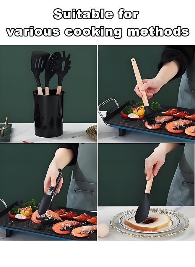 Wish Plus 14 Pcs Silicone Cooking Utensils Kitchen Utensil Set - 446°F Heat Resistant,Wooden Handle, BPA Free Non-Scratch Non-Stick | Turner Tongs, Spatula, Spoon, Brush, Whisk, Wooden Handle Gray Kitchen Gadgets with Holder for Nonstick Cookware - Image 4