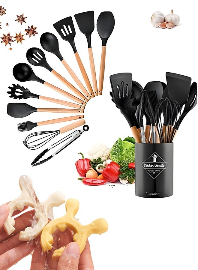 Wish Plus 14 Pcs Silicone Cooking Utensils Kitchen Utensil Set - 446°F Heat Resistant,Wooden Handle, BPA Free Non-Scratch Non-Stick | Turner Tongs, Spatula, Spoon, Brush, Whisk, Wooden Handle Gray Kitchen Gadgets with Holder for Nonstick Cookware - Image 1