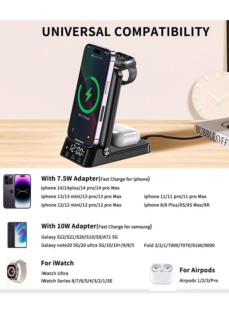Generic - Wireless Charging Station with Alarm Clock 4 in 1 Fast Wireless Charger Compatible with iPhone 14/13/12/11/Pro/Max/XS/XR Wireless Charging Stand Dock for Apple Watch - Image 1