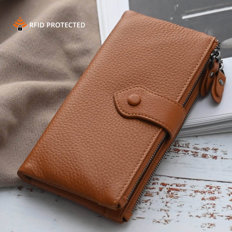 Bveyzi Women Soft Leather RFID Blocking Bifold Slim Wallets Ladies Credit Card Holder Double Zipper Pocket(Brown) - Image 4