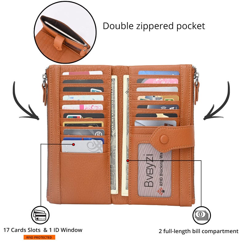 Bveyzi Women Soft Leather RFID Blocking Bifold Slim Wallets Ladies Credit Card Holder Double Zipper Pocket(Brown) - Image 2